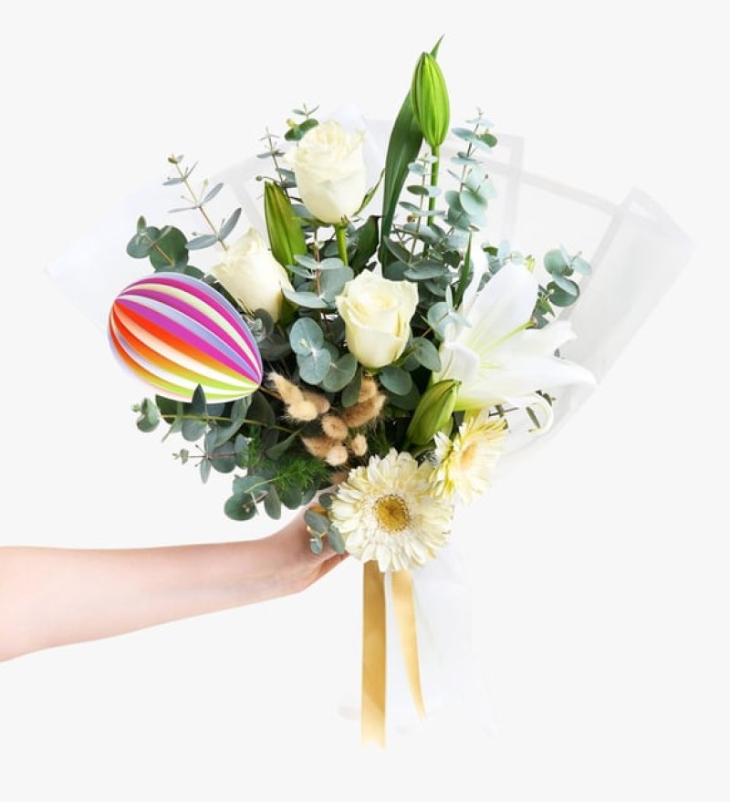 Balon Pankartlı Bukette Gül, Gerbera ve Lilyum