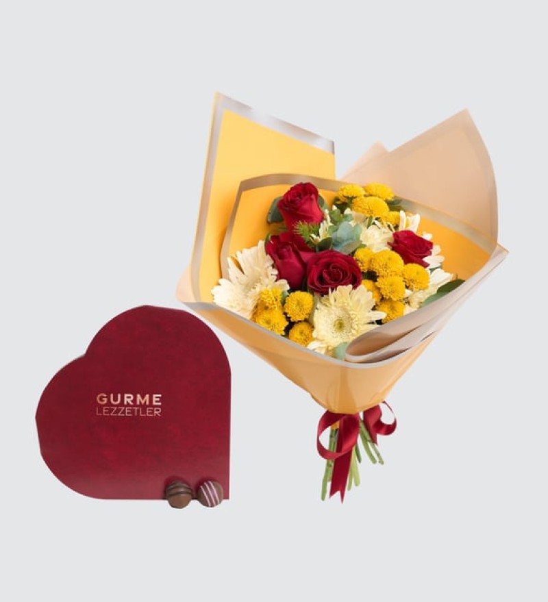 Gerbera Gül Buketi & Kalpli Gurme Lezzetler Kutusu